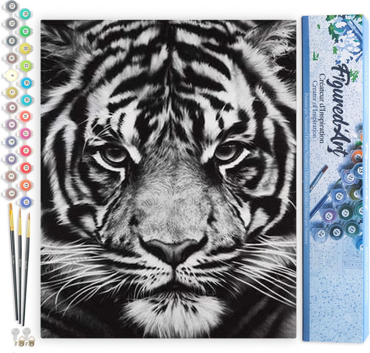 FiguredArt Schilderen op Nummer Volwassenen canvas Tijgerkop zwart-wit - Handwerk acrylverf Kit DIY Compleet - 40x50cm zonder frame